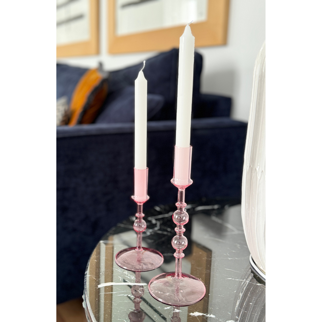 Juego de 2 Candelabros de vidrio rosa Monaco