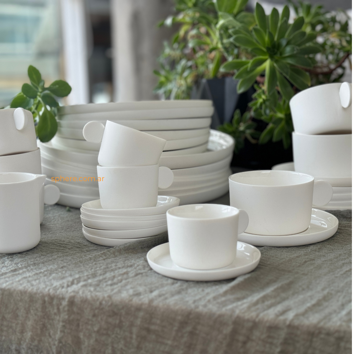 Juego Bianco de 6 tazas de cafe doble o té con plato de porcelana off white