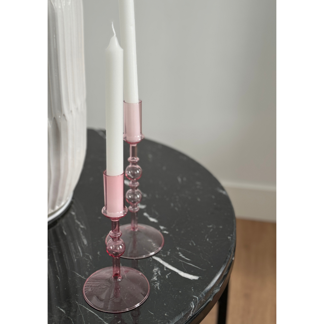 Juego de 2 Candelabros de vidrio rosa Monaco