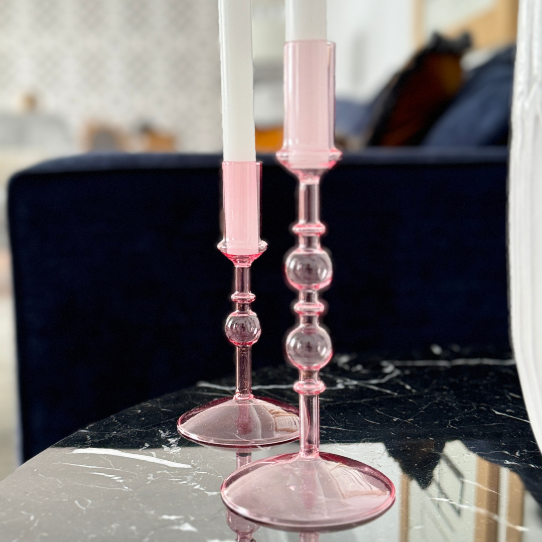 Juego de 2 Candelabros de vidrio rosa Monaco