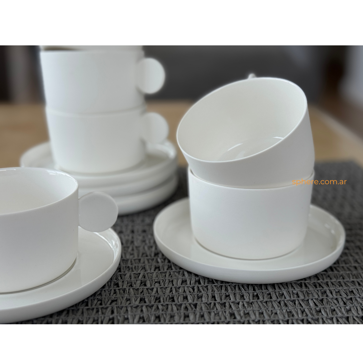 Juego Bianco de 6 tazas de cafe doble o té con plato de porcelana color off white