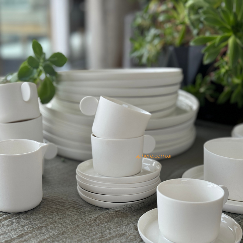 Juego de 6 tazas de cafe Bianco con plato de porcelana color off white