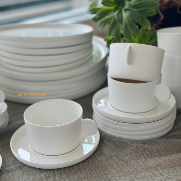 Juego Bianco de 6 tazas de cafe doble o té con plato de porcelana color off white